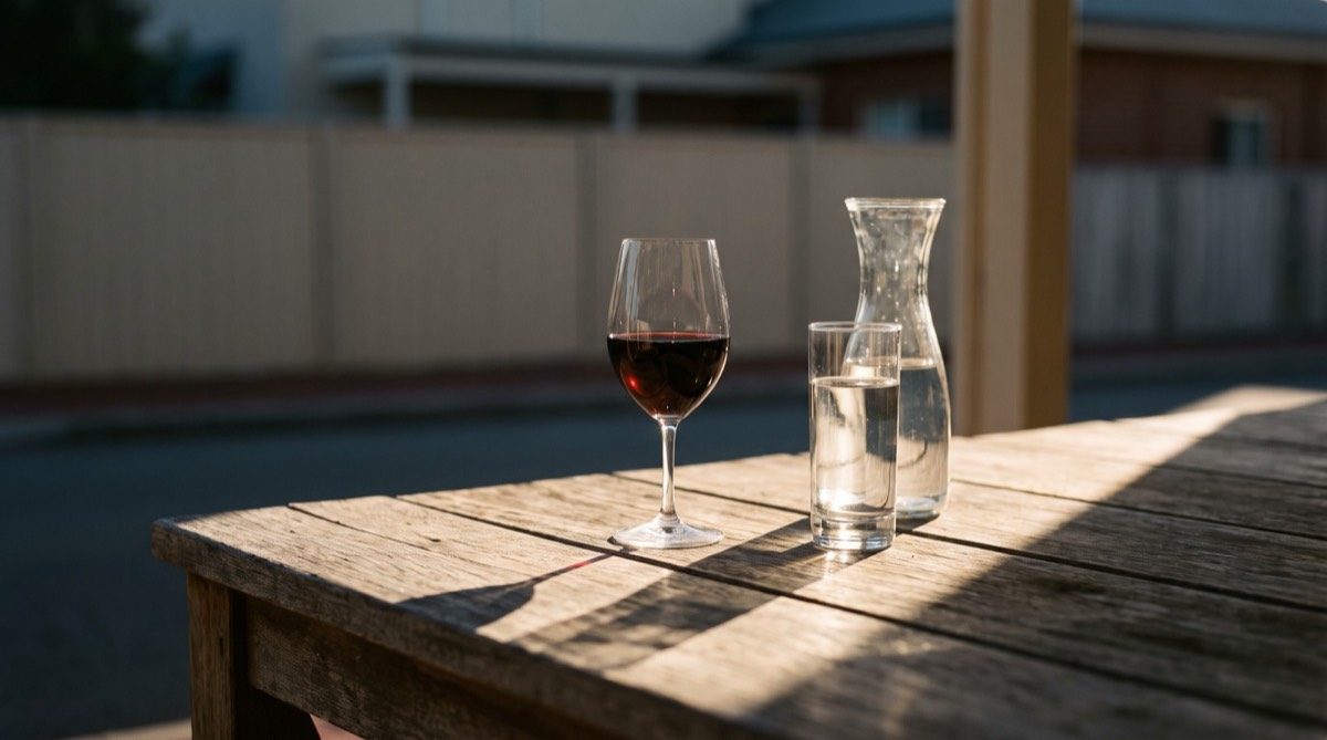 A glass of red wine beside a carafe and glass of water on an outdoor table (illustrative image)