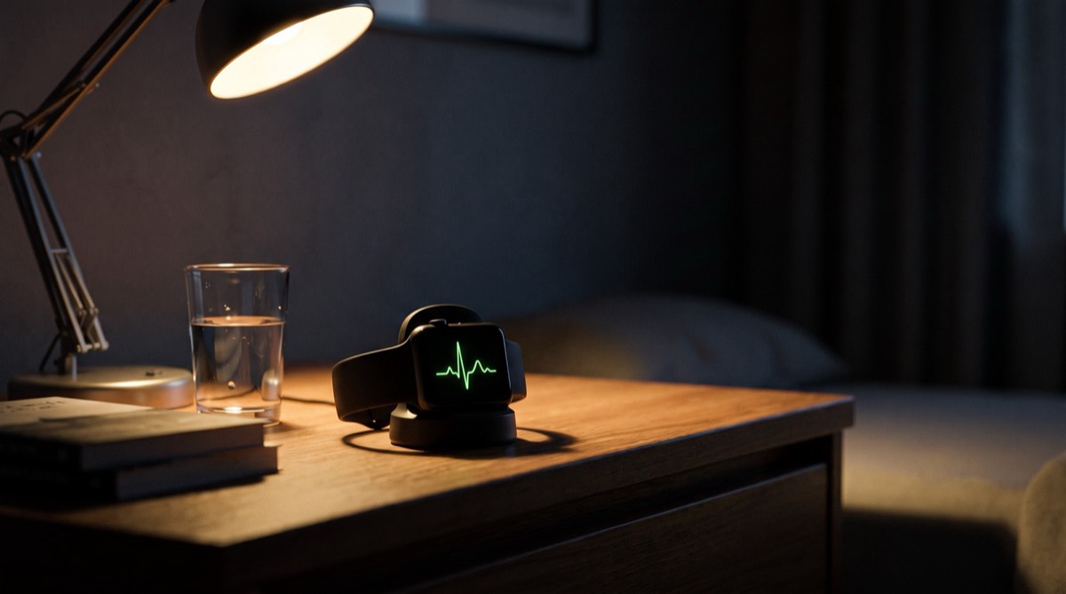 A smartwatch showing a heart rhythm on a bedside table at night (illustrative image)