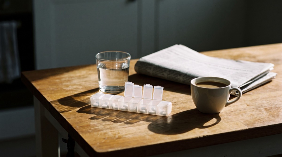 A pack of tablets with a glass of water and a coffee on a table (illustrative image)