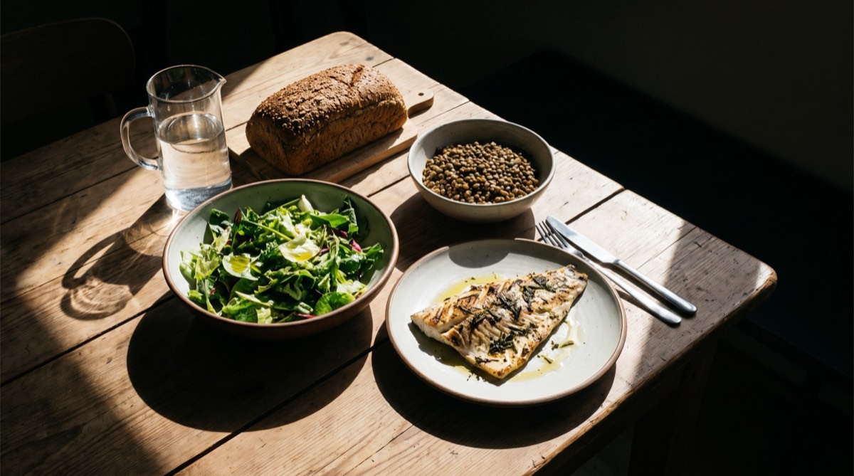 A table with salad, grilled fish, wholegrain bread and grains (illustrative image)
