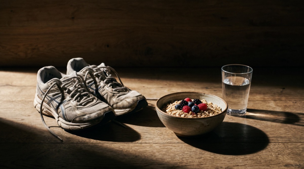 Running shoes beside a bowl of oats with berries (illustrative image)