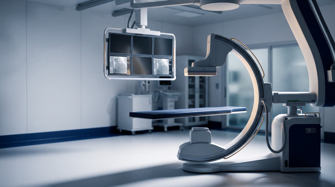 A cardiac catheterisation laboratory with X-ray equipment and monitors