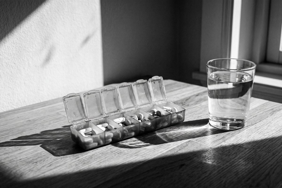A weekly pill organiser and a glass of water on a kitchen bench