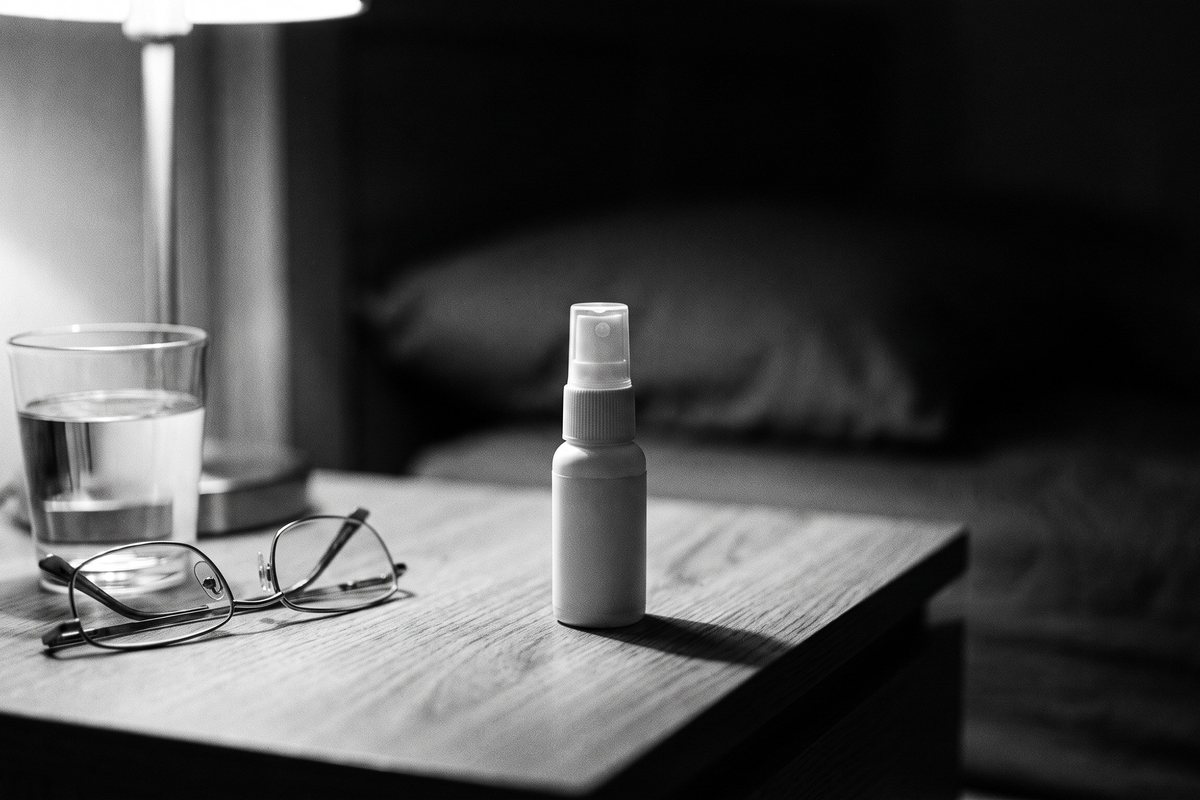 A GTN spray, reading glasses and a glass of water on a bedside table