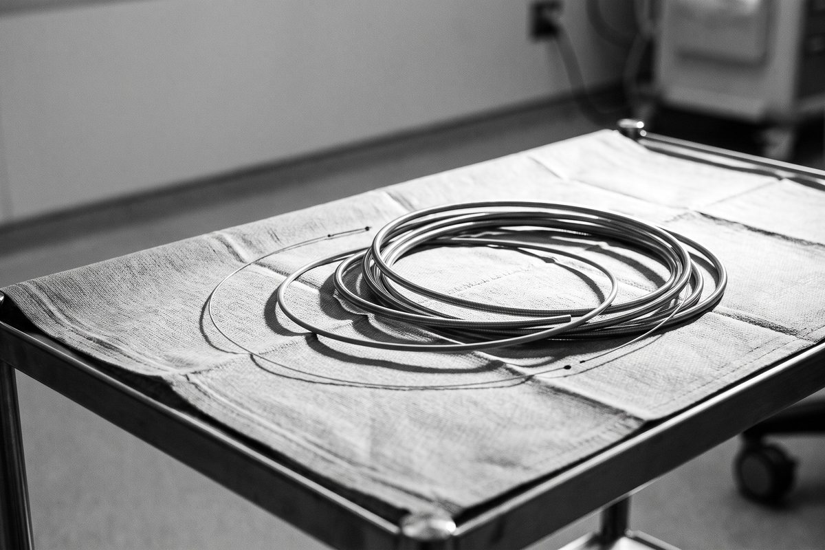 Coiled catheters on a sterile catheter laboratory trolley