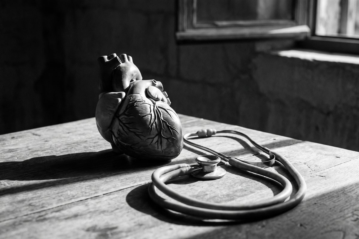 An anatomical heart model and a stethoscope on a consulting desk