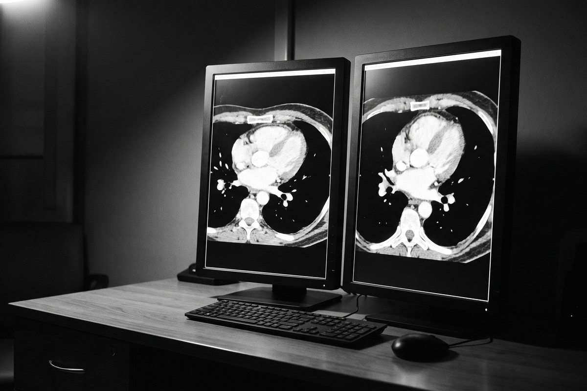 CT images of the heart on two reporting monitors