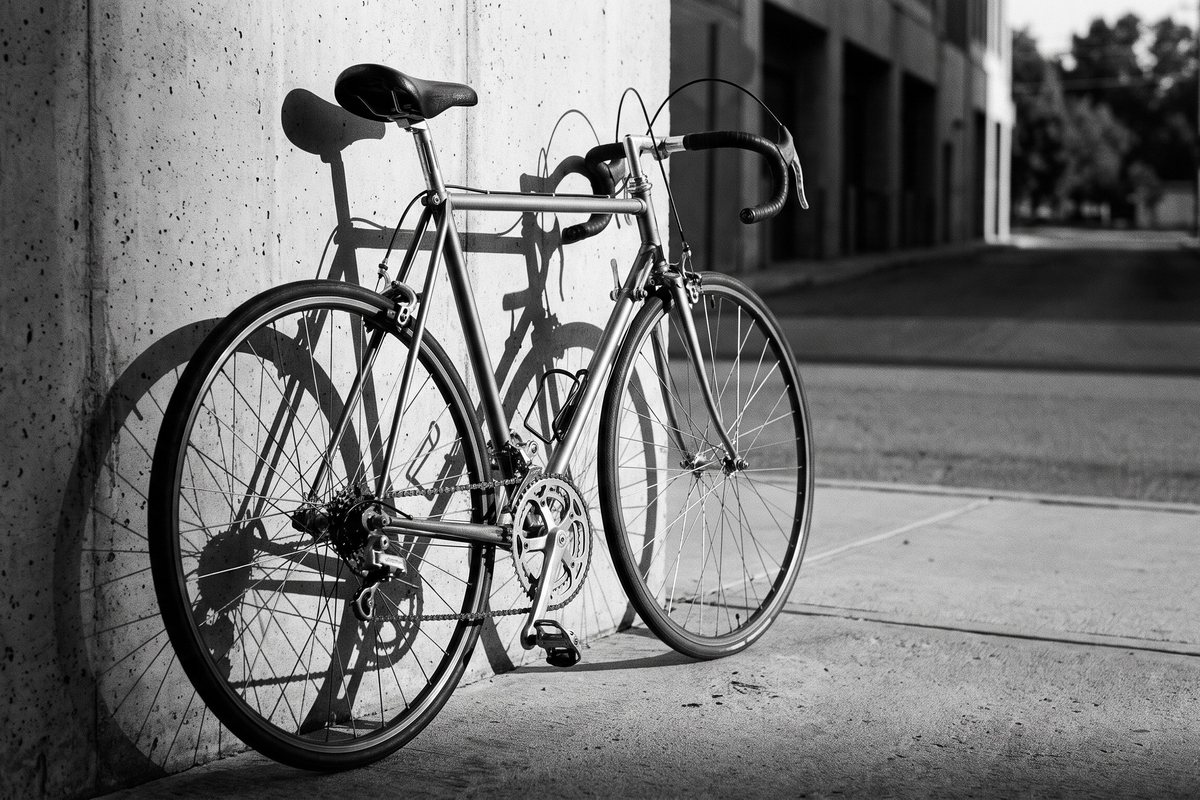 A road bicycle leaning against a wall at sunrise