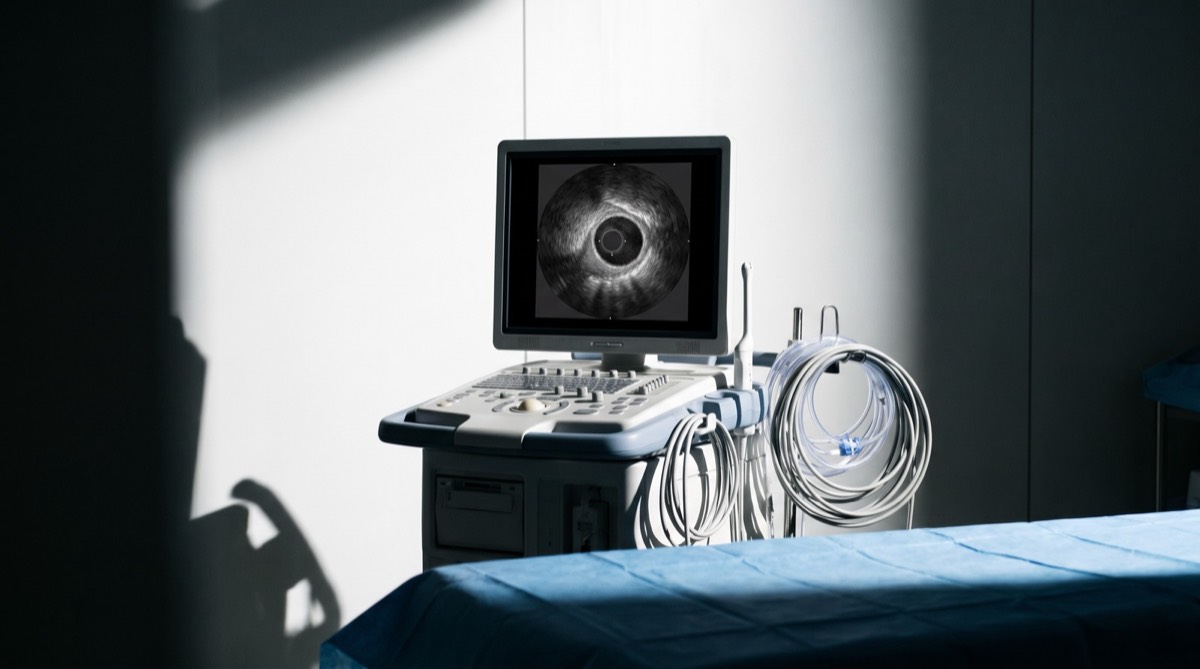 An intravascular ultrasound console beside a catheter laboratory table
