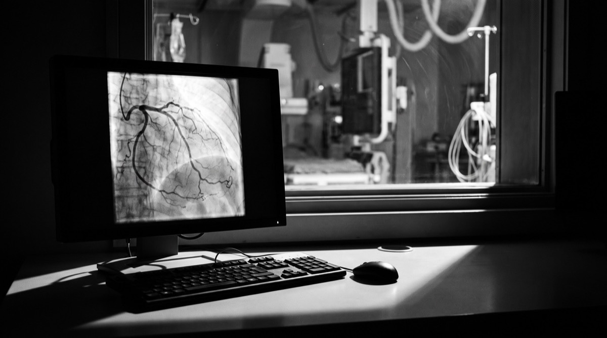 A coronary angiogram displayed on a monitor in a catheter laboratory control room