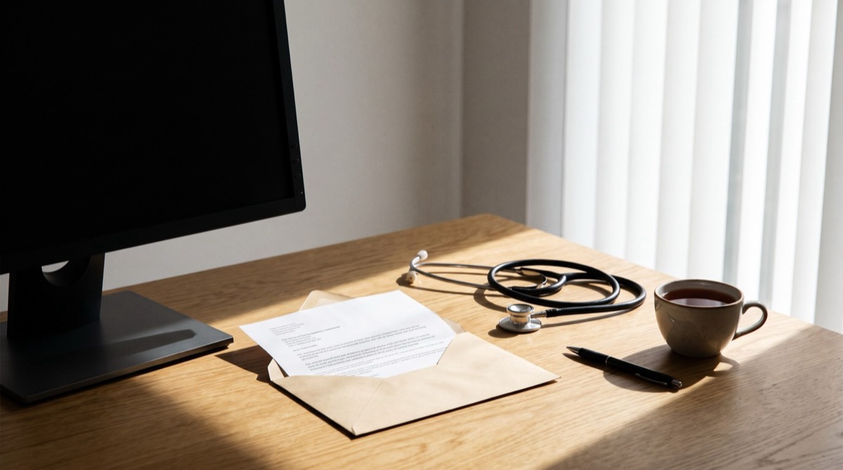 A desk with a referral letter, stethoscope and coffee