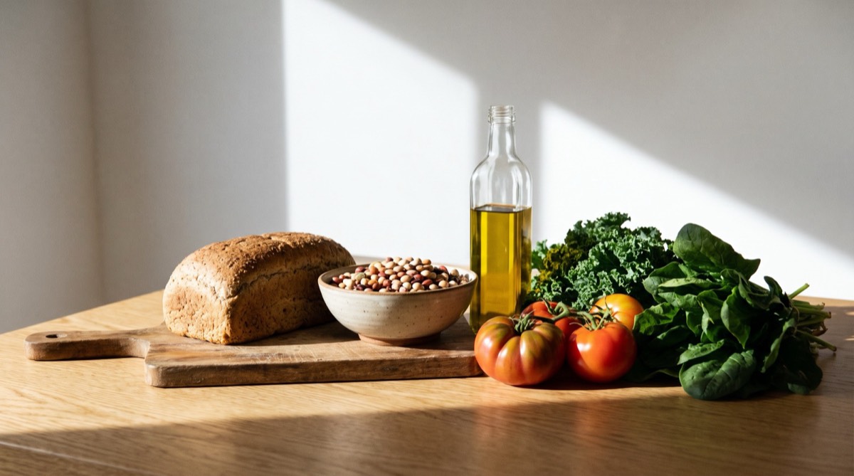 Wholegrain bread, olive oil, chickpeas, tomatoes and leafy greens on a kitchen bench