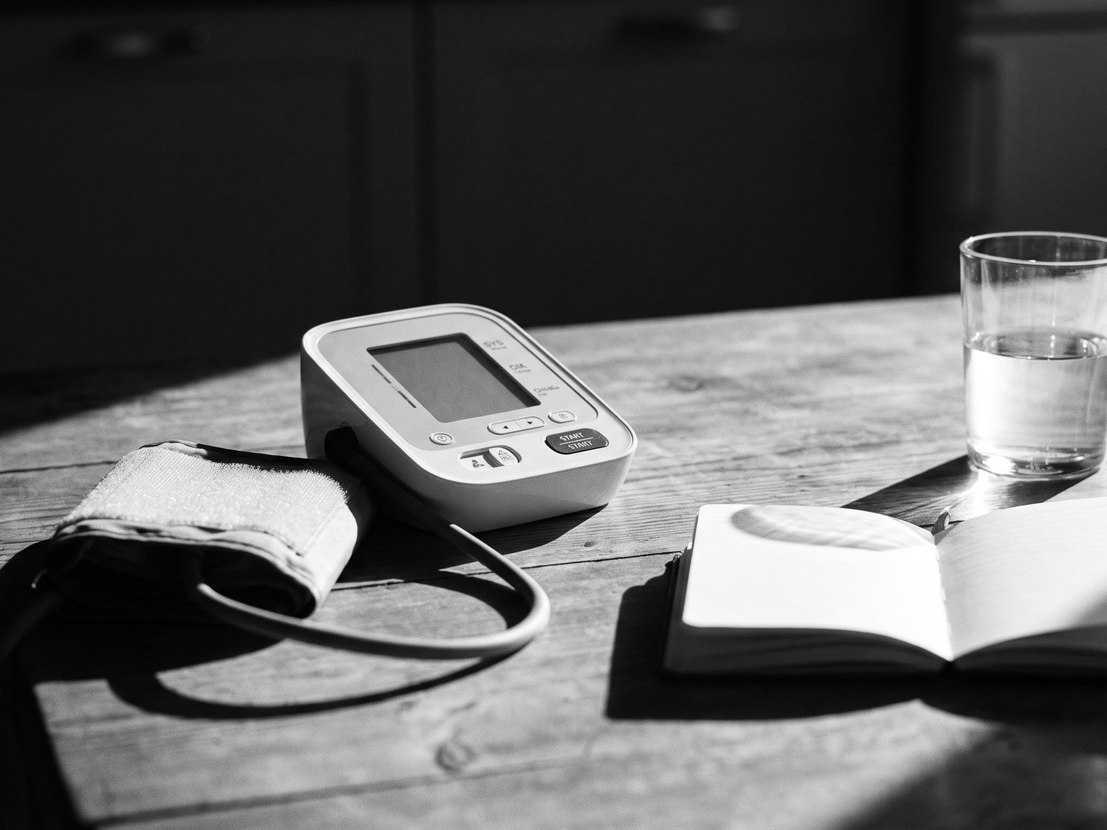 A home blood pressure monitor and a notebook for recording readings on a kitchen table (illustrative image)