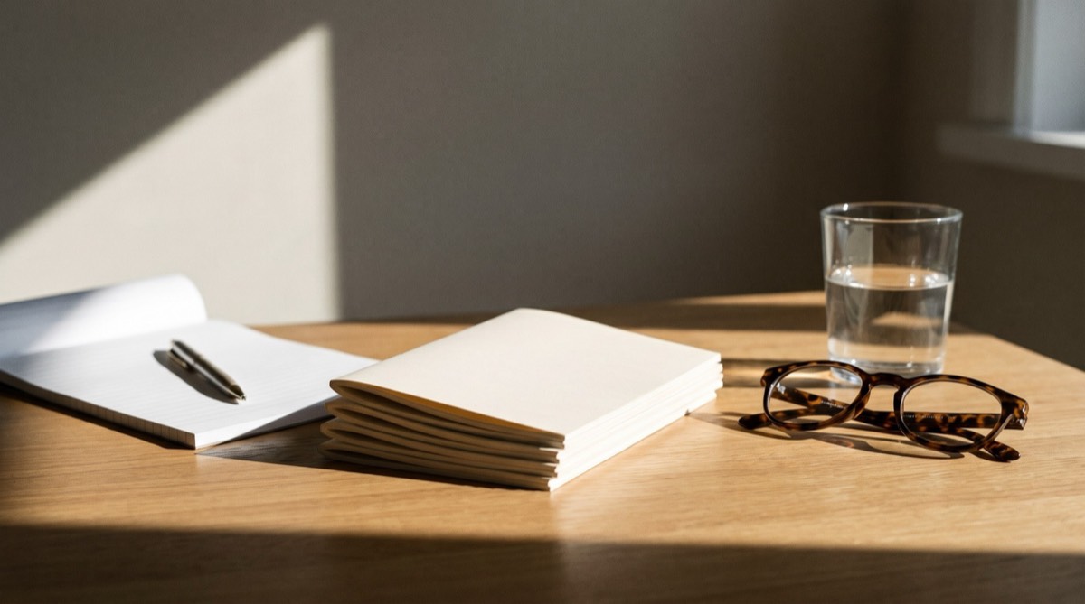 Notebooks, reading glasses and a glass of water on a desk