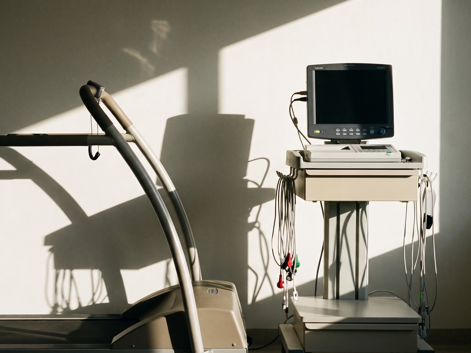 A treadmill and stress test monitor in a hospital exercise testing room (illustrative image)