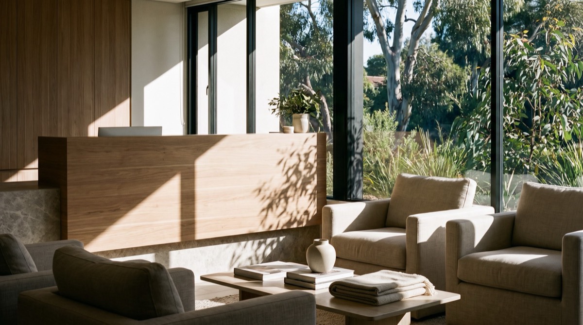 A calm waiting room with armchairs and a garden view
